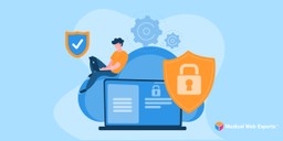 Illustration of a boy sittin on top of a computer with security shields floating.