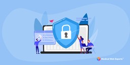 Graphic of a large laptop with a shield and padlock in front of it. Smaller images of people on the left and right side of the labtop interact with various mobile devices.
