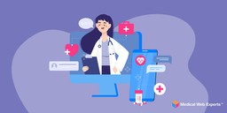 mobile-web-apps-medical-web. A doctor is looking at medical records surrounded by several icons including a mobile and a computer desktop.