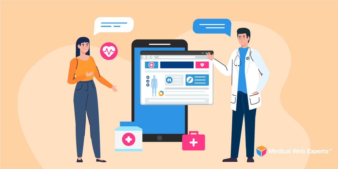 Illustration of a doctor and a patient standing on either side of an oversized mobile device looking at the patient's health information and application features that facilitate telehealth and in-person care.