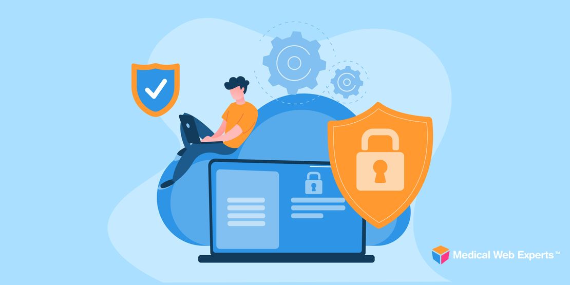Illustration of a boy sittin on top of a computer with security shields floating.