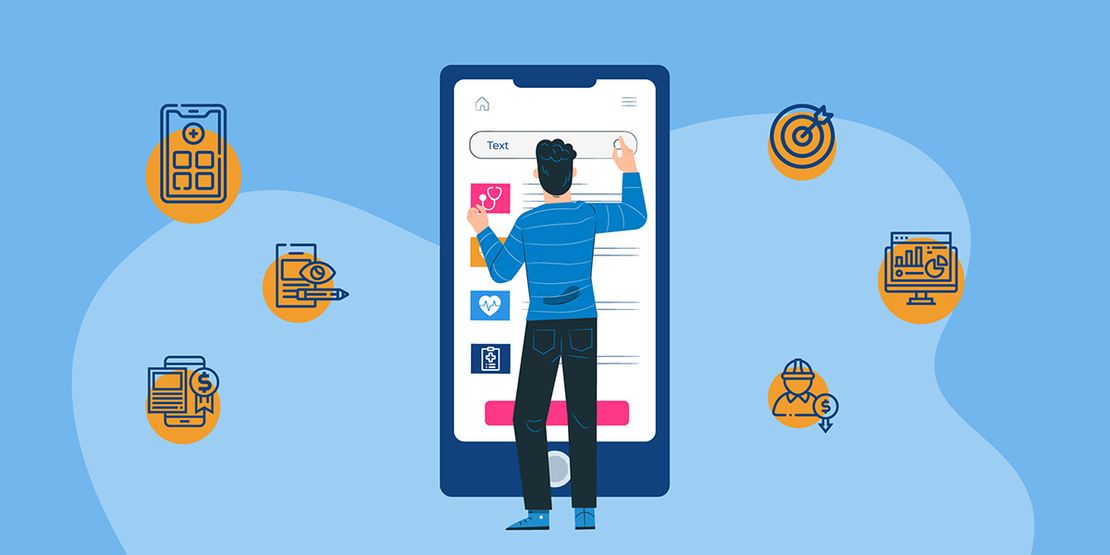 Illustration. A man standing in front of a giant mobile phone screen interacting with a Digital Front Door..