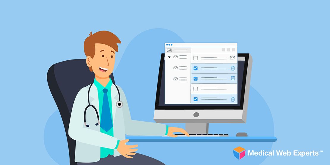 Illustration of a doctor sitting at a computer reading messages on a HIPAA compliant messaging portal.