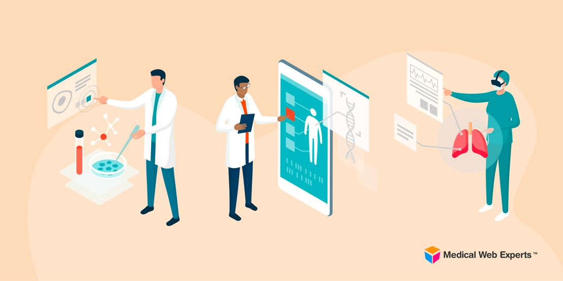 Illustration of three laboratory professionals: one is interacting with a petri dish, the second is interacting with a mobiel device screen, the third is interacting with a screen of results.